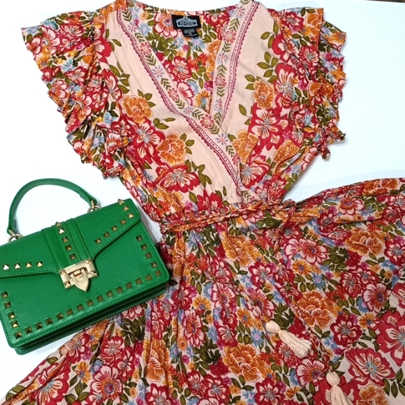 Wildflower Spring Colorful Floral Print Flutter Sleeve Dress Tie Belt Tassels - Picture 8 of 8